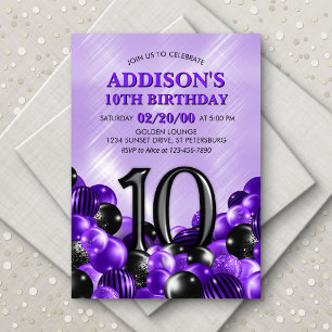 Invitación Globos Morado 10 cumpleaños