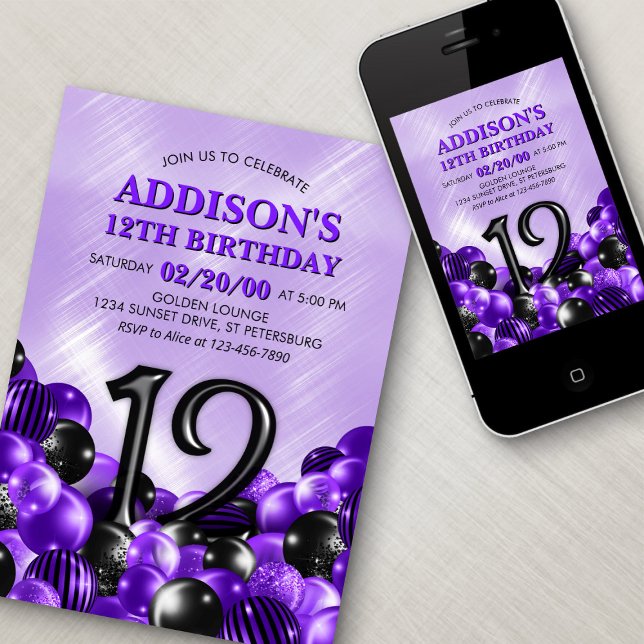 Invitación Globos Morado 12º cumpleaños (Subido por el creador)