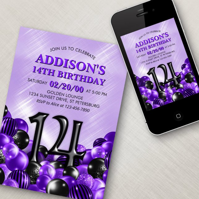 Invitación Globos Morado 14 cumpleaños (Subido por el creador)