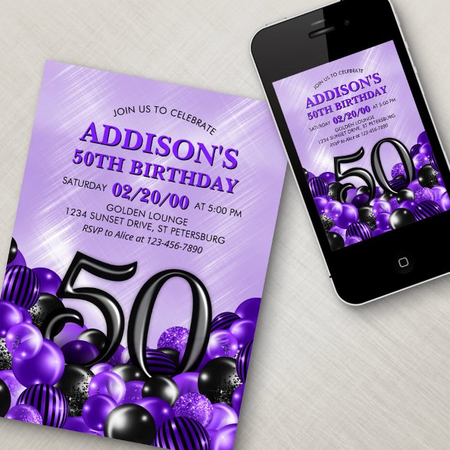 Invitación Globos Morado 50 cumpleaños (Subido por el creador)