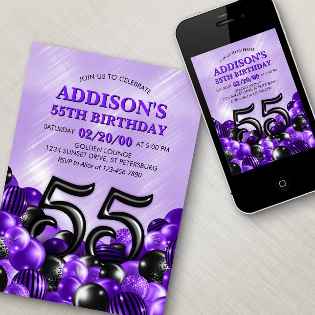 Invitación Globos Morado 55º cumpleaños (Subido por el creador)