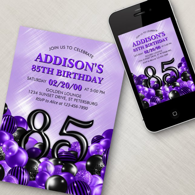 Invitación Globos Morado 85º cumpleaños (Subido por el creador)