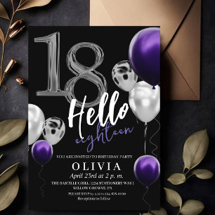 Invitación Globos morados de plata negra 18 cumpleaños modern