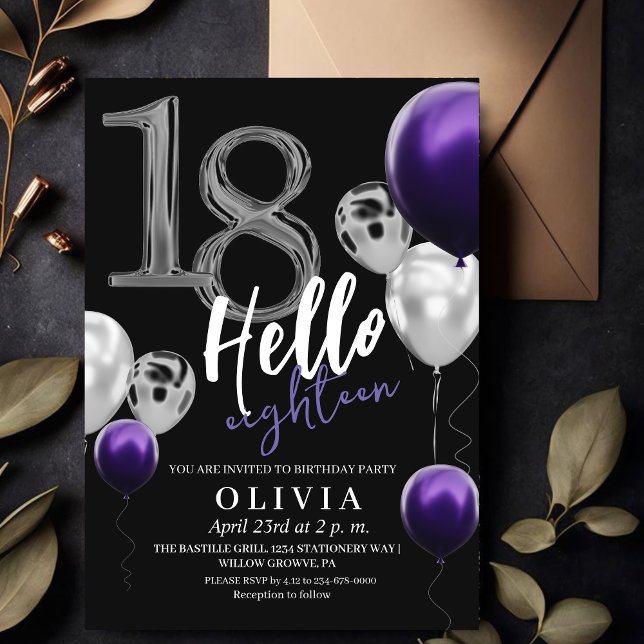 Invitación Globos morados de plata negra 18 cumpleaños modern (Subido por el creador)