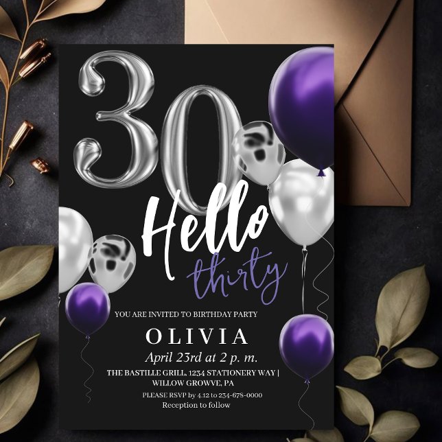 Invitación Globos morados de plata negra 30 años modernos (Subido por el creador)