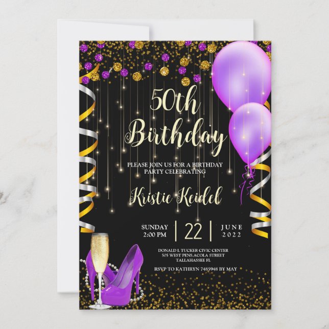 Invitación Globos morados dorados y champán (Anverso)