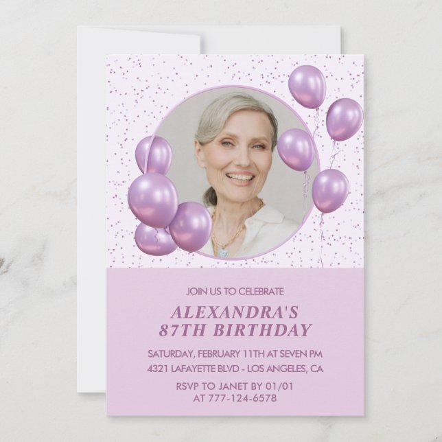 Invitación Globos Morados Elegantes Foto 87 cumpleaños (Anverso)