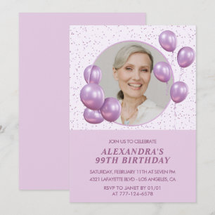 Invitación Globos Morados Elegantes Foto cumpleaños 99