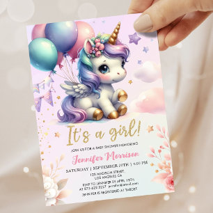 Invitación Globos morados rosados de Chica de Baby Shower de 