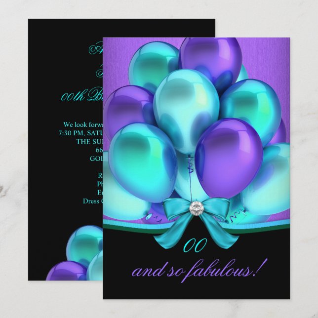 Invitación Globos Morados Turquesa Negros de Cumpleaños Fabul (Anverso / Reverso)