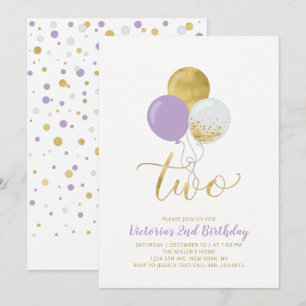 Invitación Globos Morados y Dorados Fiesta de Cumpleaños de N
