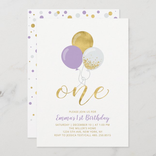 Invitación Globos morados y dorados Primera fiesta de cumplea (Anverso / Reverso)