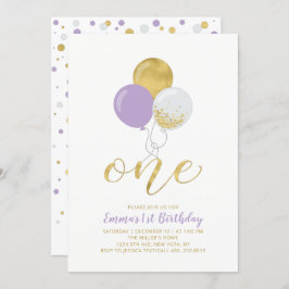 Invitación Globos morados y dorados Primera fiesta de cumplea
