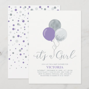 Invitación Globos Morados y Plateados Es una Niña Cumpleaño