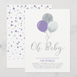 Invitación Globos morados y plateados Oh Baby Girl Baby Showe