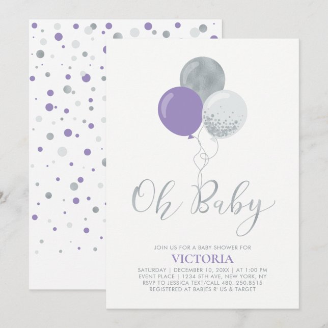 Invitación Globos morados y plateados Oh Baby Girl Baby Showe (Anverso / Reverso)