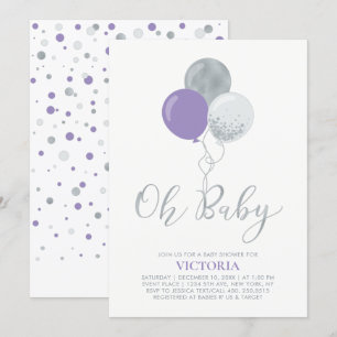 Invitación Globos morados y plateados Oh Baby Girl Baby Showe