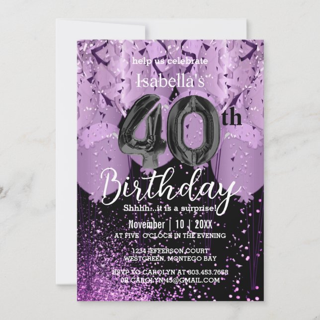 Invitación Globos morados y Purpurina 40 cumpleaños (Anverso)