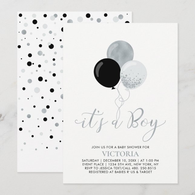 Invitación Globos negro y plateado | Es un Boy Baby Shower (Anverso / Reverso)