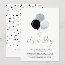 Invitación Globos negro y plateado | Es un Boy Baby Shower
