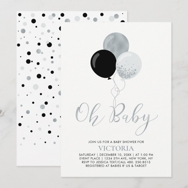 Invitación Globos negro y plateado | Oh Baby Boy Baby Shower (Anverso / Reverso)