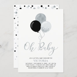 Invitación Globos negro y plateado | Oh Baby Boy Baby Shower