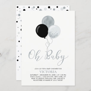Invitación Globos negro y plateado Oh Baby Boy Baby Shower
