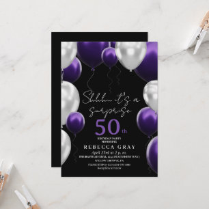 Invitación Globos negros blancos y morados modernos para cump