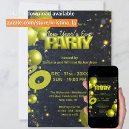 Invitación Globos negros de oro contraatan a Fiesta de Nochev