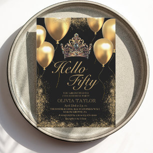 Invitación Globos negros de oro coronan 50 cumpleaños