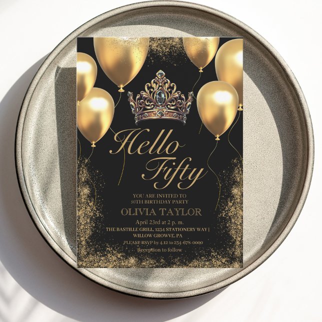 Invitación Globos negros de oro coronan 50 cumpleaños (Subido por el creador)