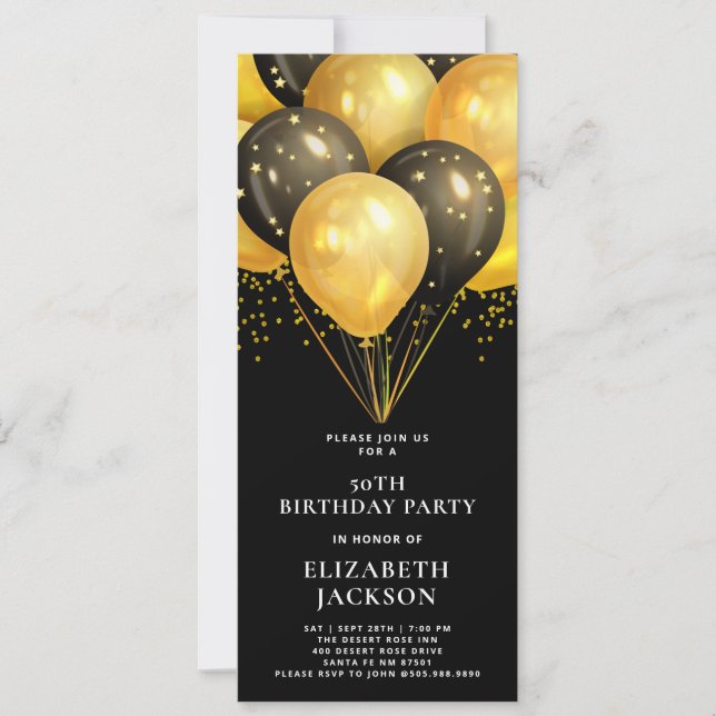 Invitación Globos negros de oro de 50 años modernos negro (Anverso)