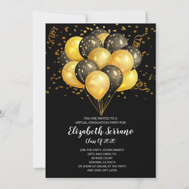 Invitación Globos negros de oro de la fiesta virtual de gradu (Anverso)