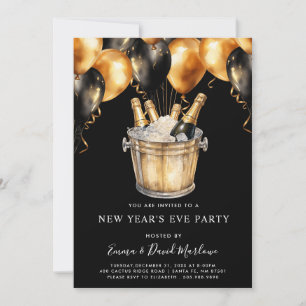 Invitación Globos negros de oro en Nochevieja de Año Nuevo mo