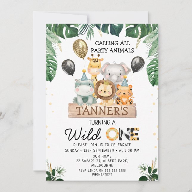 Invitación Globos negros de oro Safari salvaje un cumpleaños (Anverso)