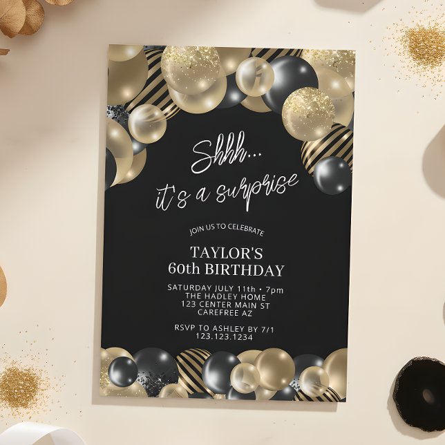 Invitación Globos Negros de Oro Sorpresa 60 Cumpleaños (Subido por el creador)