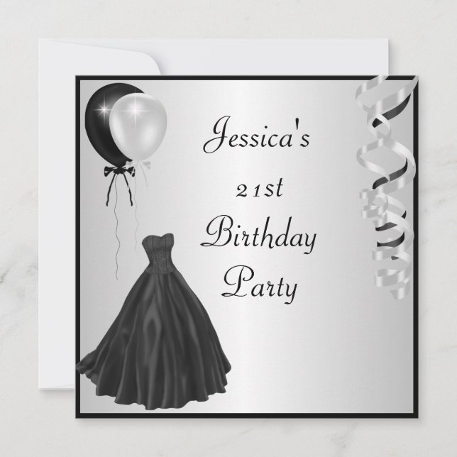 Invitación Globos negros plateados Cumpleaños formal 21 (Anverso)