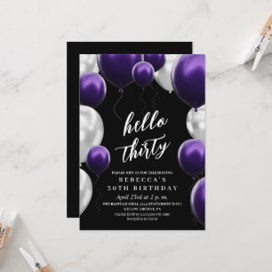 Invitación Globos negros plateados morados modernos para cump