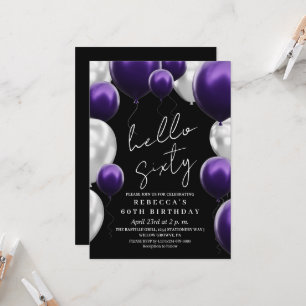 Invitación Globos negros plateados morados modernos para cump