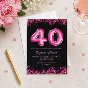 Invitación Globos Negros Rosa Brillo Cumpleaños 40