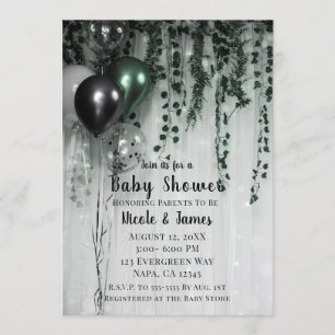 Invitación Globos Negros Verdes Cumpleaños de Baby Shower de 