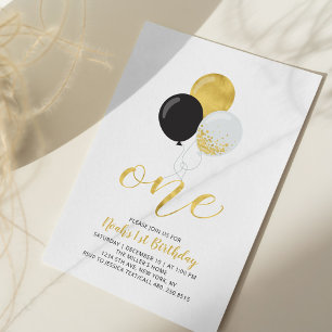 Invitación Globos Negros y Dorados Cumpleaños Uno 1er Niño Fi