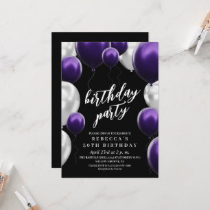 Invitación Globos negros y morados modernos para cumpleaños 5