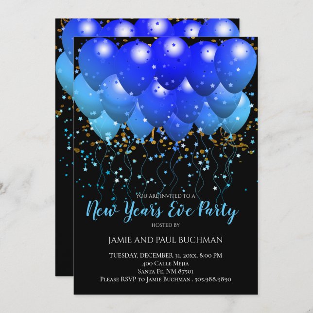 Invitación Globos Neon Blue Y Confetti De Oro En Negro (Anverso / Reverso)