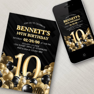 Invitación Globos Oro Negro 10 cumpleaños