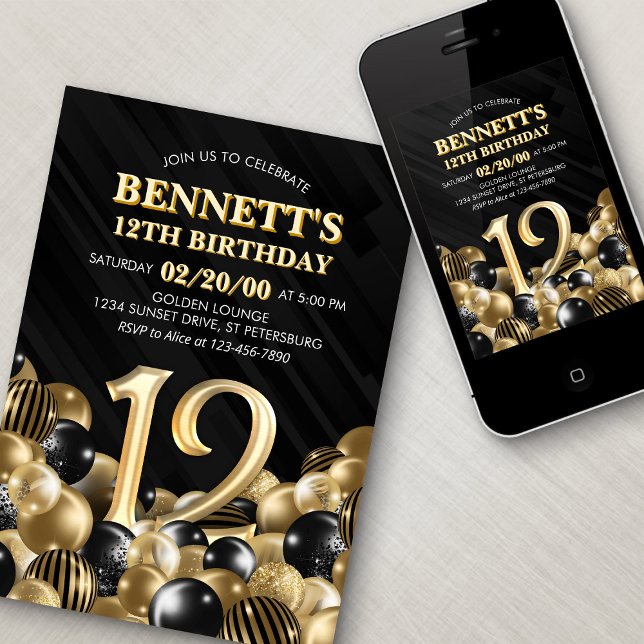 Invitación Globos Oro Negro 12º cumpleaños (Subido por el creador)