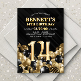 Invitación Globos Oro Negro 14 cumpleaños