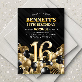 Invitación Globos Oro Negro 16 cumpleaños
