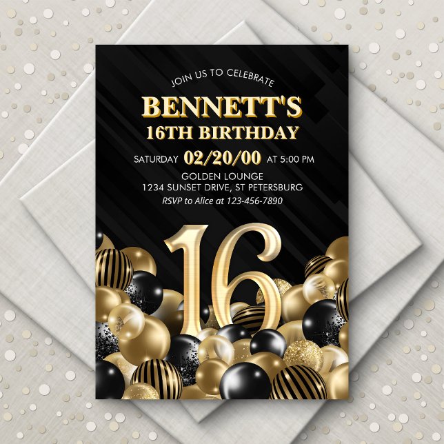 Invitación Globos Oro Negro 16 cumpleaños (Subido por el creador)