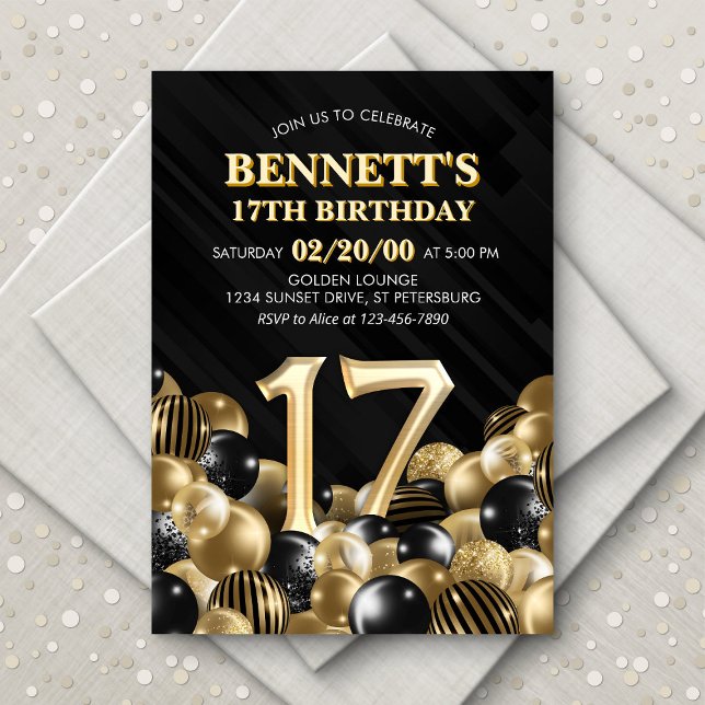 Invitación Globos Oro Negro 17 cumpleaños (Subido por el creador)